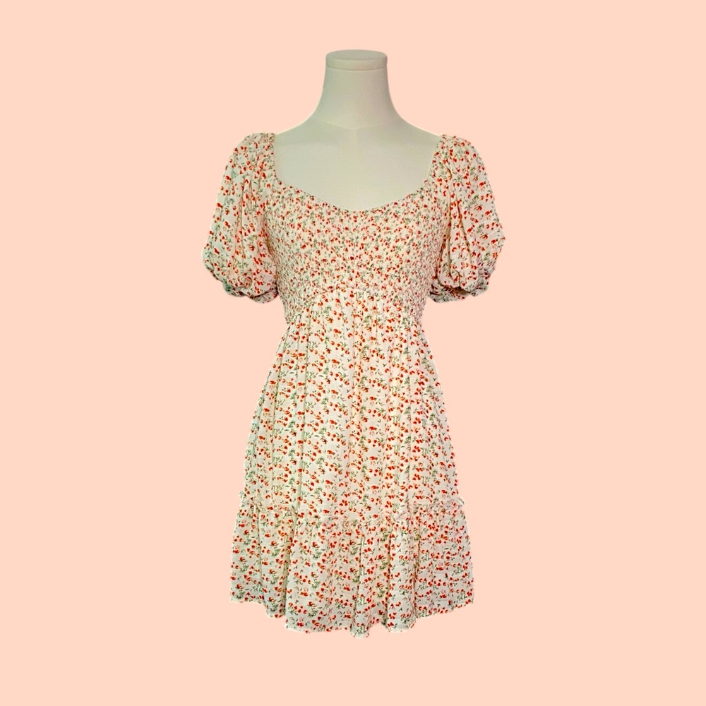 Altar’d State Short puffy sleeve mini dress in off white and romantic red floral